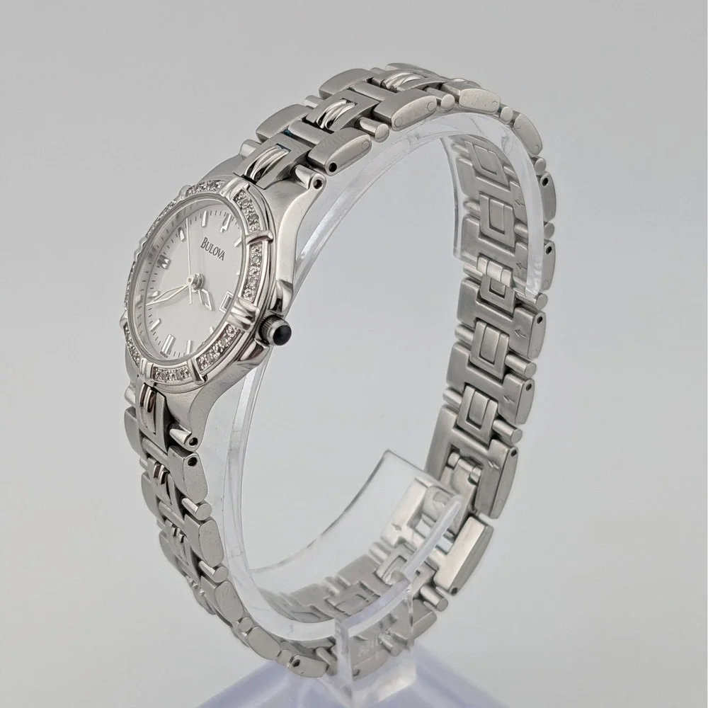 Bulova 96R04 Women's Diamond Watch White Pearlized Dial SS Date 25mm 7.25